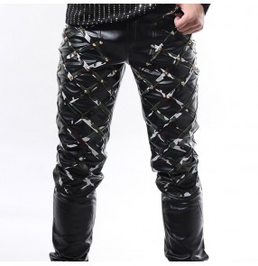 Black red white camouflage plaid rivet decoration long length men's male mans performance modern dance jazz hip hop punk rock singer ds casual fashion slim  leather pants trousers